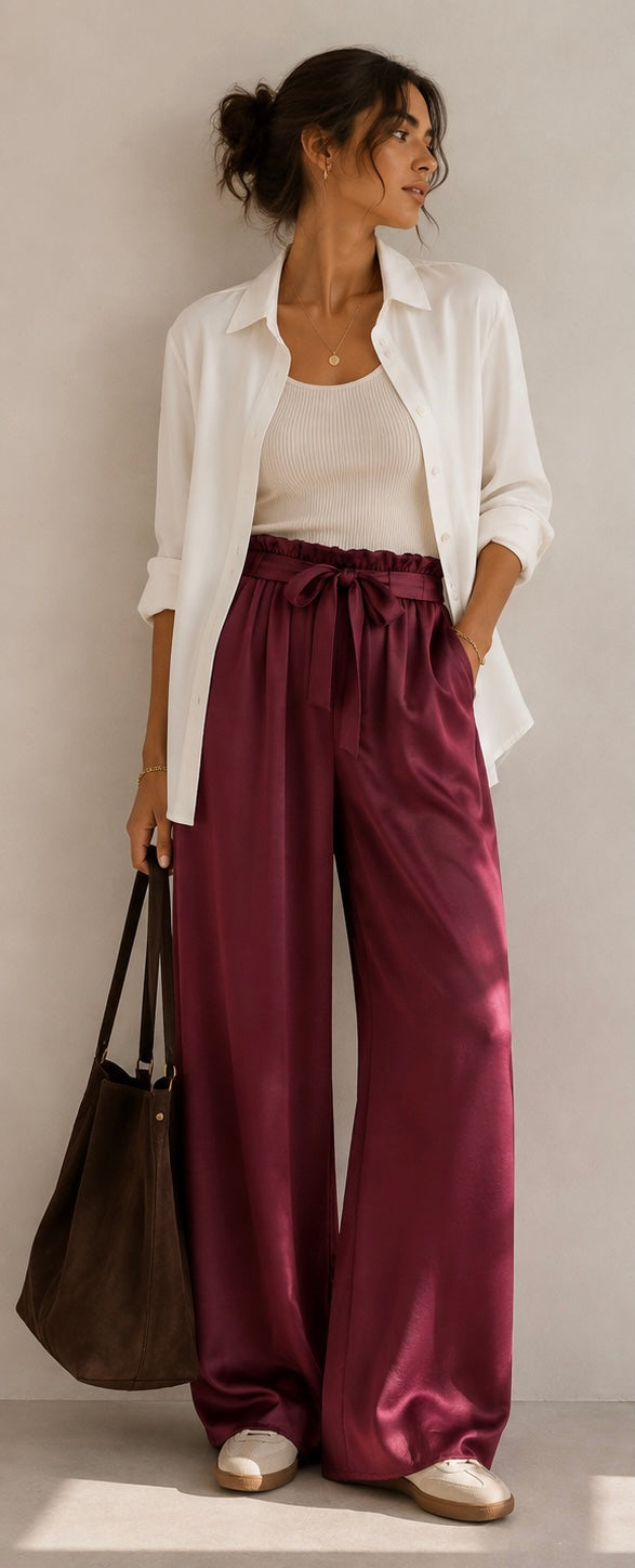 Pantalón satinado con lazo