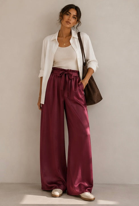 Pantalón satinado con lazo